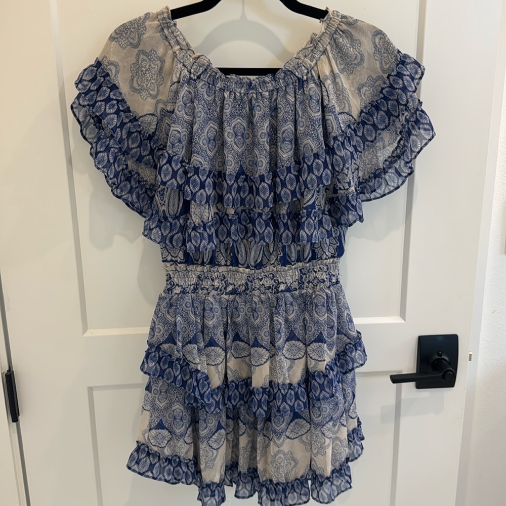 Beautiful flowy, MISA Los Angeles dress. Work off shoulder. Short and girly